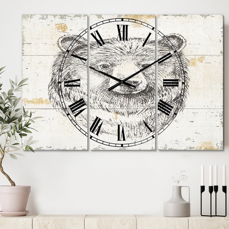 Bear Wild and Beautiful IV - Cottage 3 Panels Oversized Wall CLock