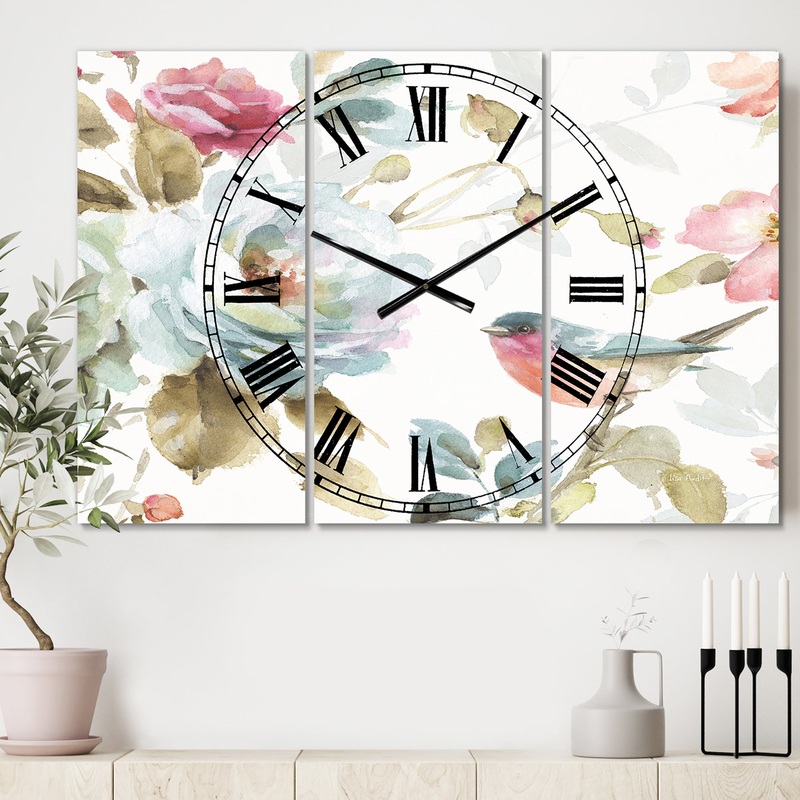 Beautiful Bird Romance I - Cottage 3 Panels Oversized Wall CLock