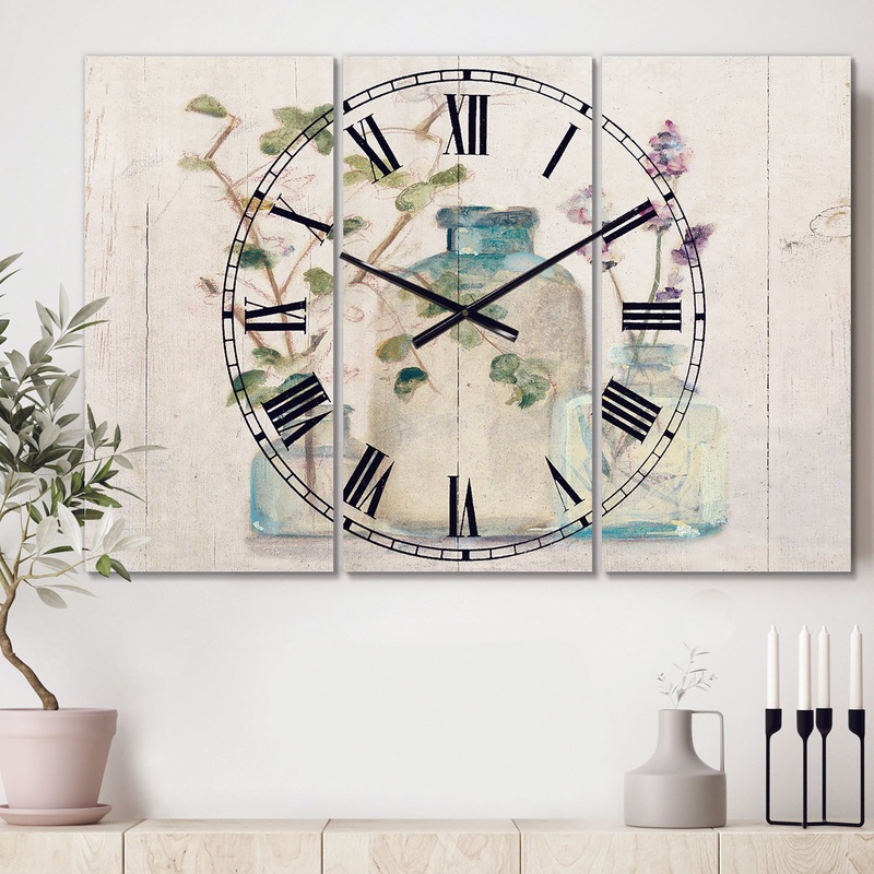 Blossoms on Birch Cottage Bouquet IV - Cottage 3 Panels Large Wall CLock