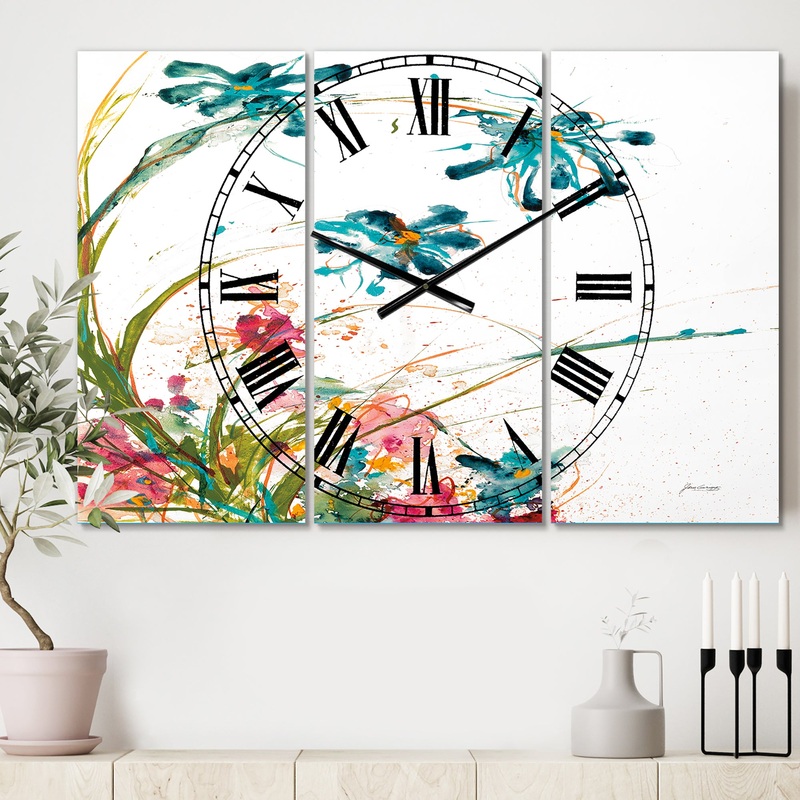 Blue Abstract Blossoming Farmhouse Flowers - Cottage 3 Panels Large Wall CLock