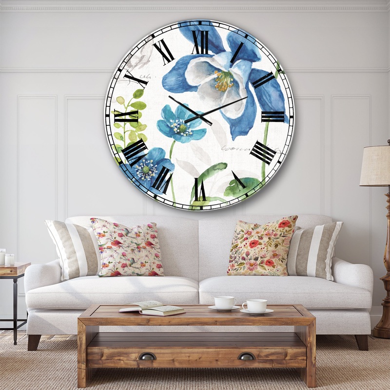Blue Columbine Flowers With Butterfly - Cabin & Lodge Wall CLock