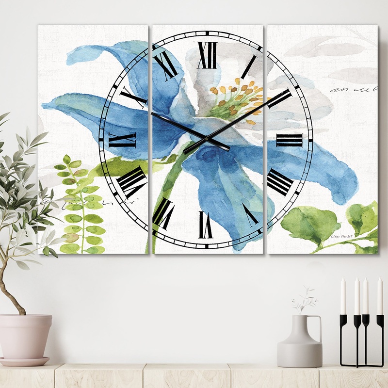 Blue Columbine Wild Flower with Ferns - Cottage 3 Panels Oversized Wall CLock