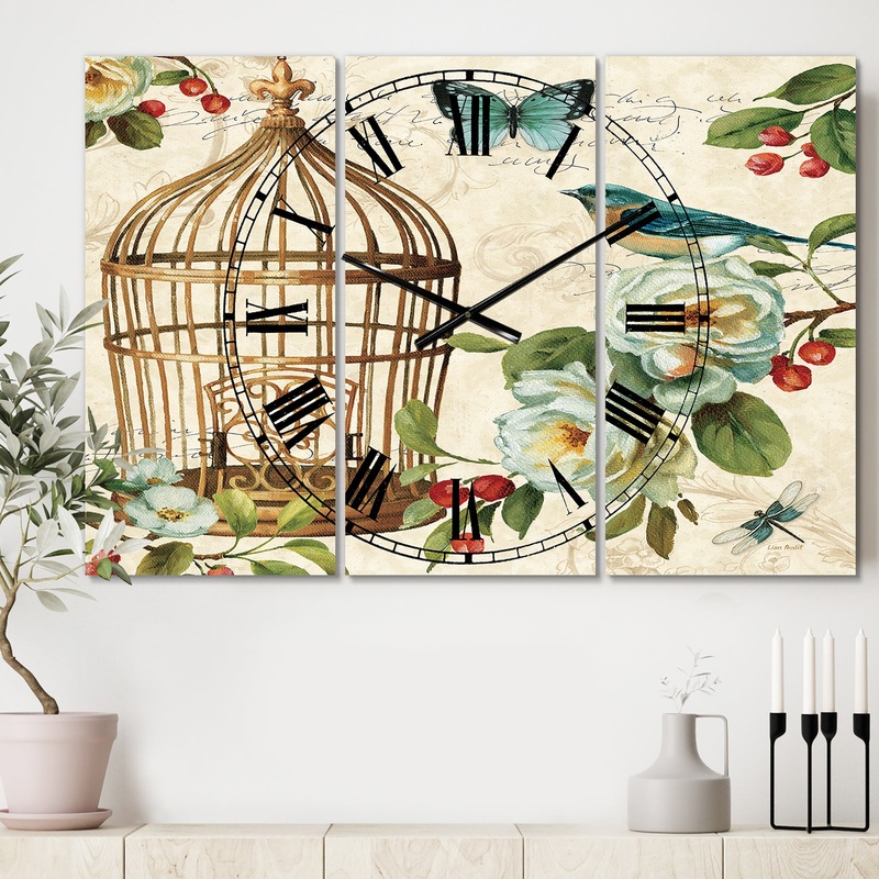 Blue Cottage Bird, Birdcage and Apple Blossoms I - Cottage 3 Panels Oversized Wall CLock