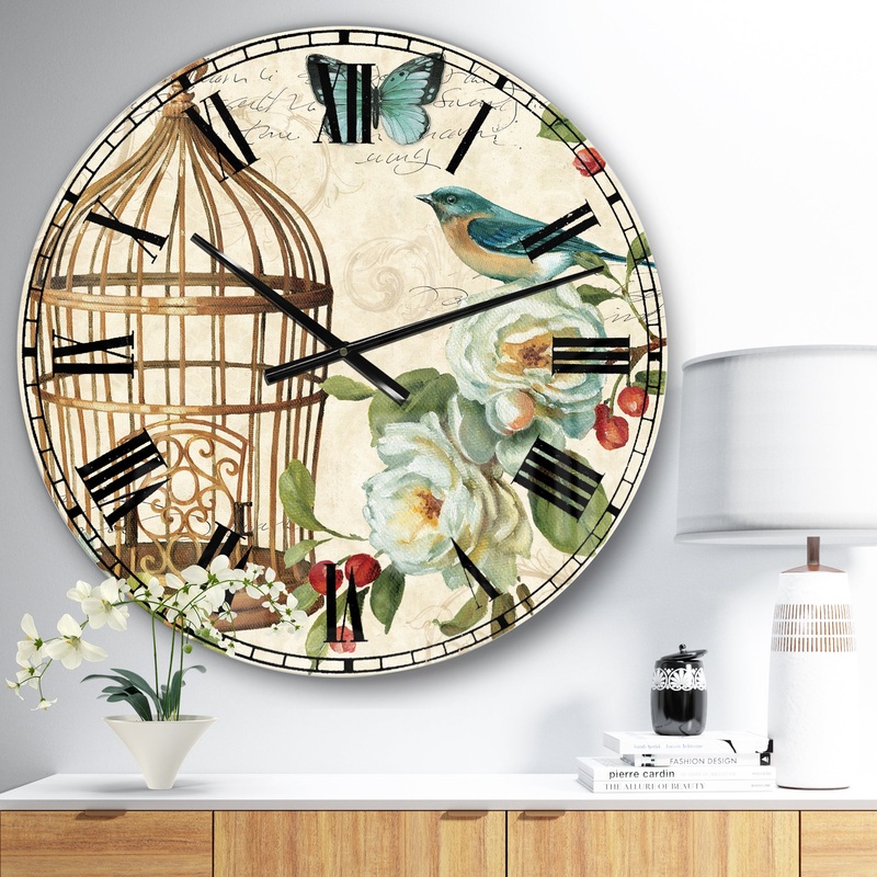 Blue Cottage Bird, Birdcage and Apple Blossoms I - Floral and botanical Large Wall CLock