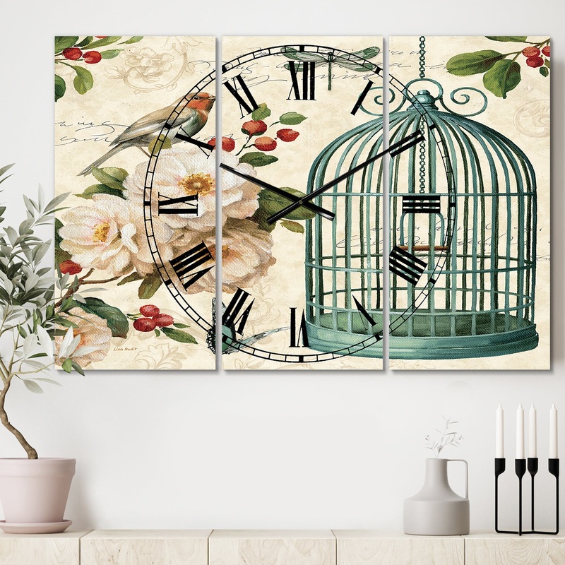 Blue Cottage Bird, Birdcage and Apple Blossoms II - Cottage 3 Panels Oversized Wall CLock