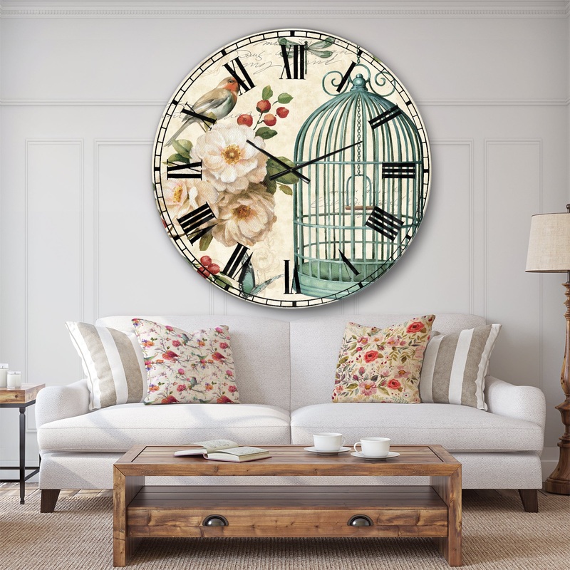 Blue Cottage Bird, Birdcage and Apple Blossoms II - Floral and botanical Wall CLock