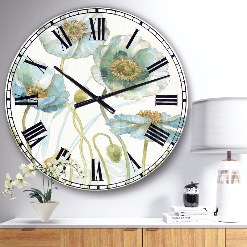 Blue Cottage Flowers Drawing I - Farmhouse Wall CLock
