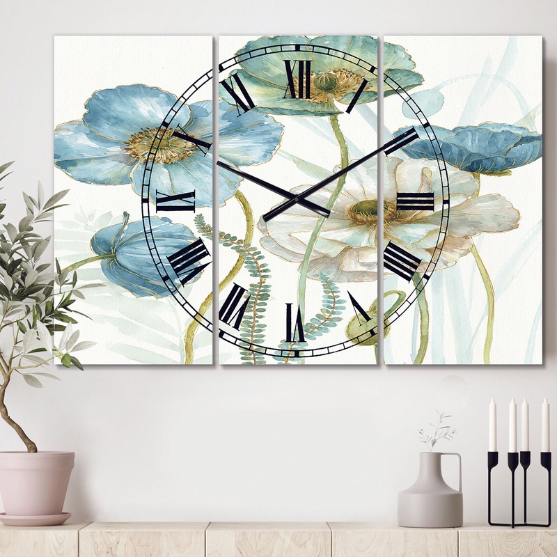Blue Cottage Flowers Drawing II - Cottage 3 Panels Large Wall CLock