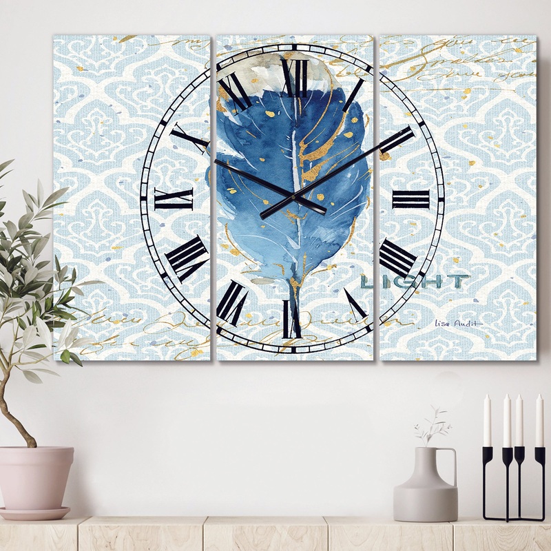 Blue Damask Feather - Cottage 3 Panels Oversized Wall CLock