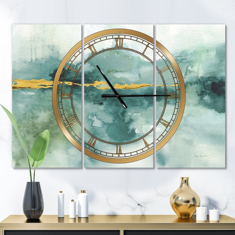 Blue Watercolor Impression with Gold - Glam 3 Panels Oversized Wall CLock