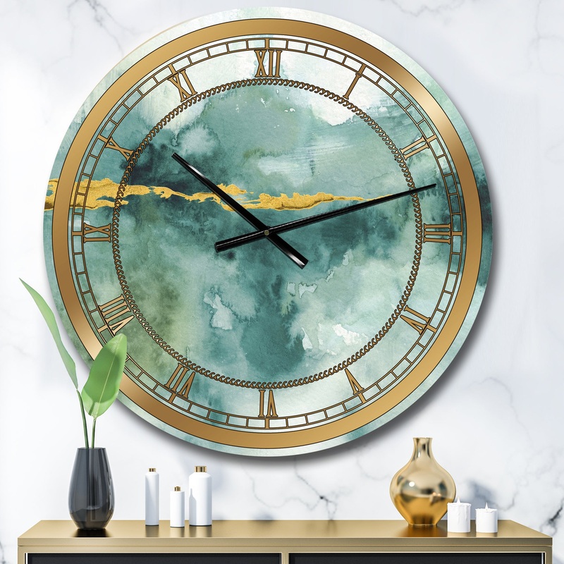 Blue Watercolor Impression with Gold - Glam Wall CLock