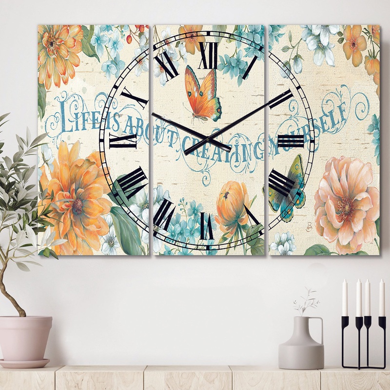 Butterfly Bloom lovely Quote - Cottage 3 Panels Oversized Wall CLock