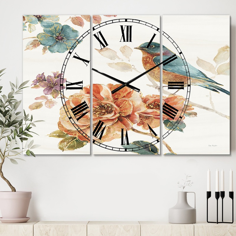 Cottage Bird on Orange Flower Twig - Cottage 3 Panels Oversized Wall CLock