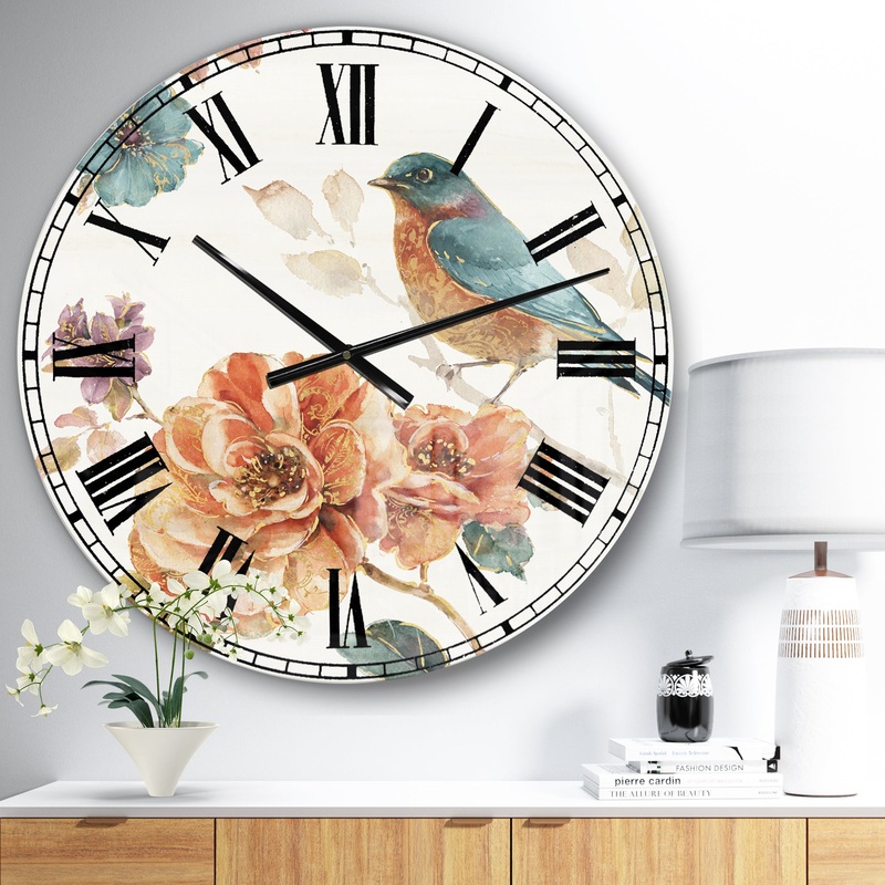 Cottage Bird on Orange Flower Twig - Traditional Wall CLock
