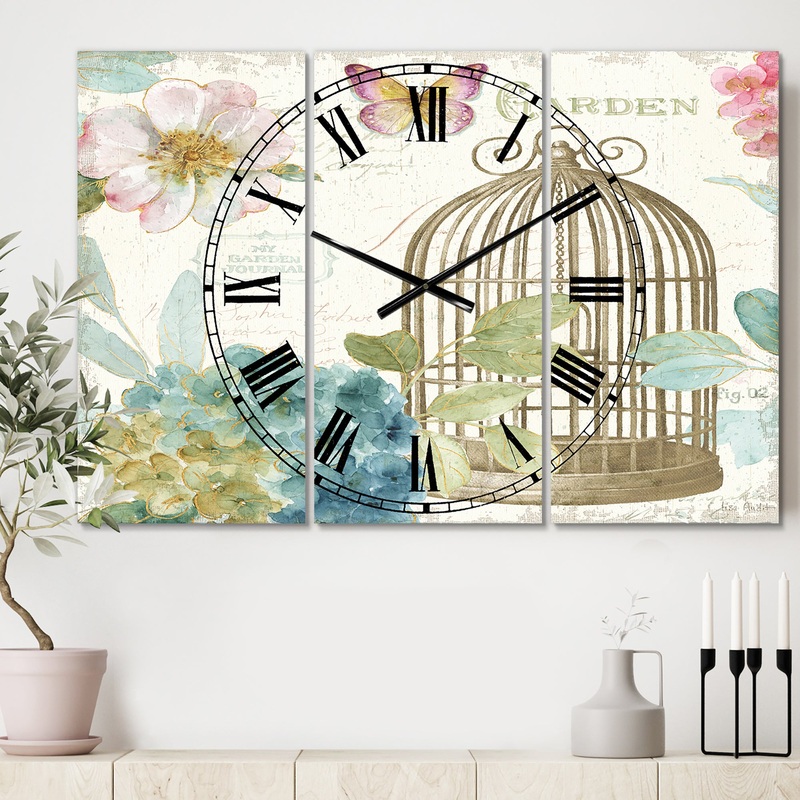 Vintage Floral Birdcage II - Cottage 3 Panels Oversized Wall CLock