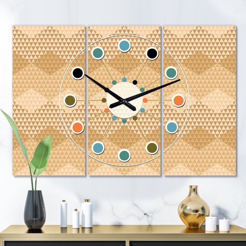 Beige Retro Triangular Wave - Oversized Mid-Century wall clock - 3 Panels