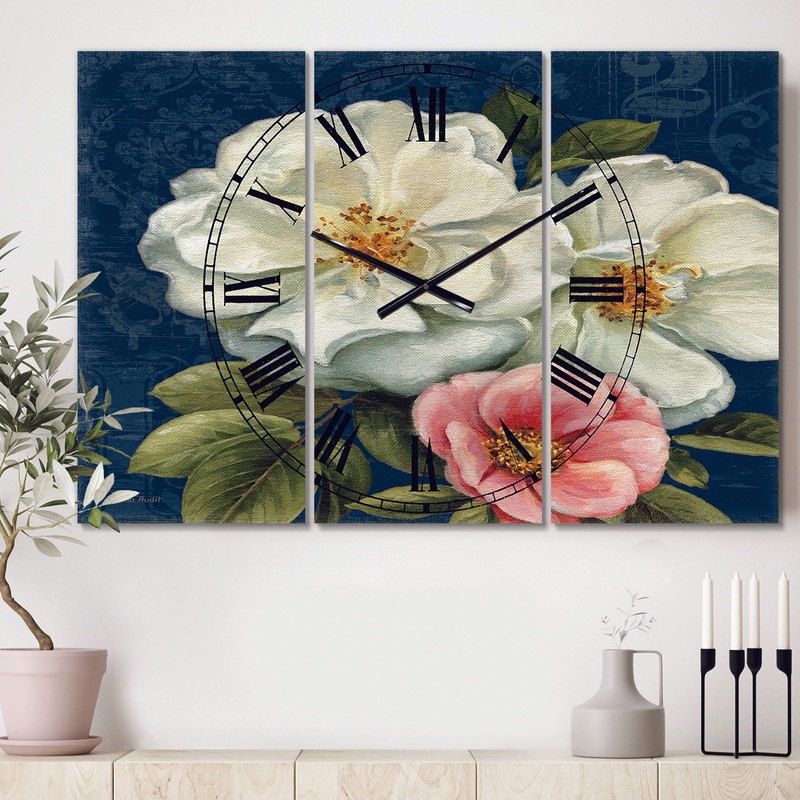 Blue Damask Flowers - Cottage 3 Panels Oversized Wall CLock