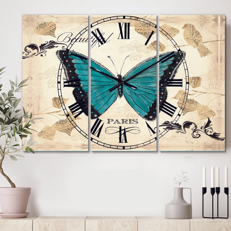 Blue Farmhouse Butterfly - Cottage 3 Panels Oversized Wall CLock