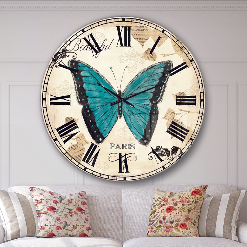 Blue Farmhouse Butterfly - Farmhouse Large Wall CLock