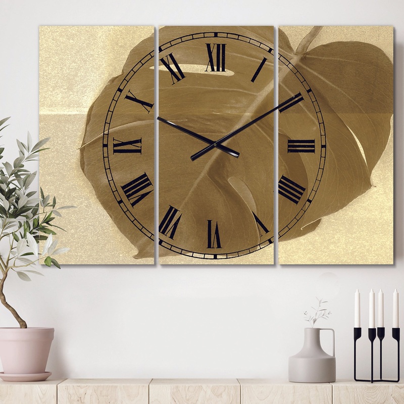 Botanical Beige Retro Leaf - Cottage 3 Panels Large Wall CLock