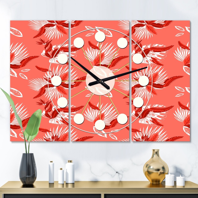 Coral Flowers Of Bird Of Paradise  - Oversized Mid-Century wall clock - 3 Panels