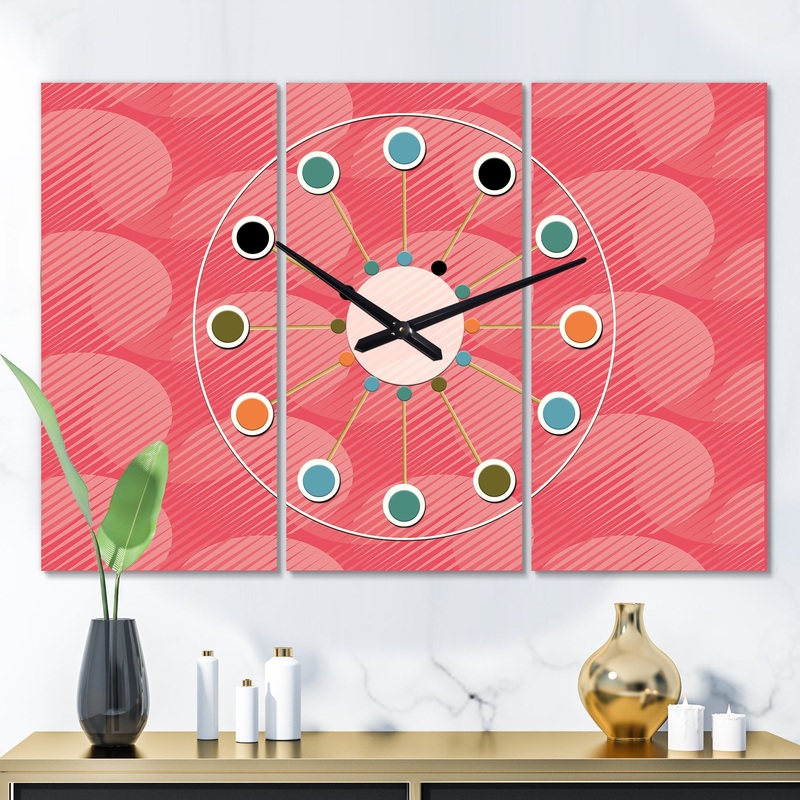 Coral Round Geometrical  - Oversized Mid-Century wall clock - 3 Panels