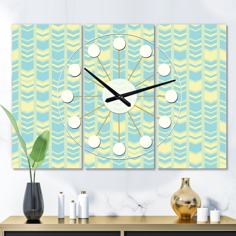 Retro Pattern Abstract Design XI - Oversized Mid-Century wall clock - 3 Panels