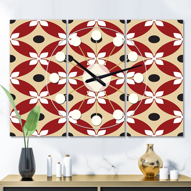 Retro Pattern Abstract Design XIII - Oversized Mid-Century wall clock - 3 Panels