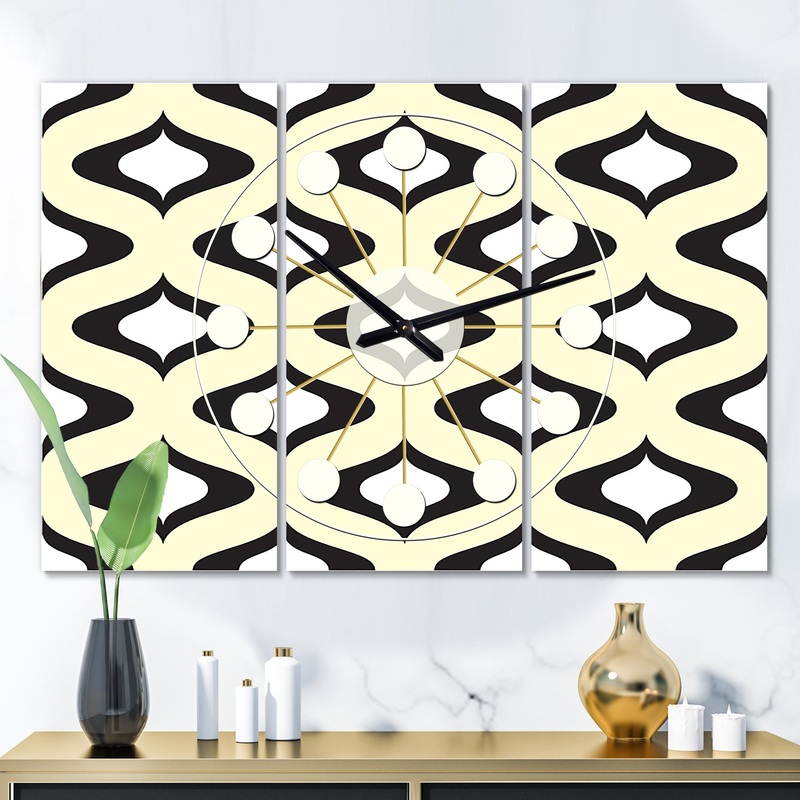 Retro Pattern Abstract Design XIV - Oversized Mid-Century wall clock - 3 Panels