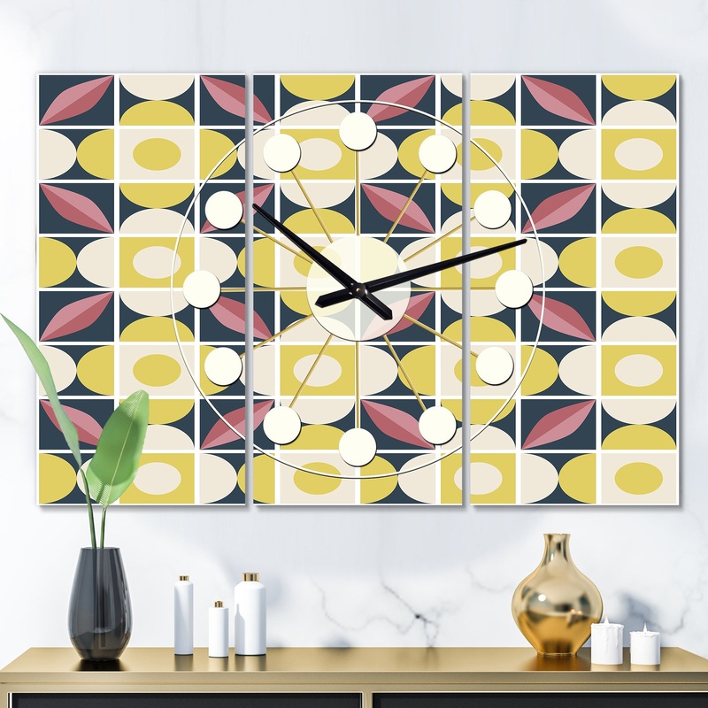 retro pattern in mosaic style - Oversized Mid-Century wall clock - 3 Panels