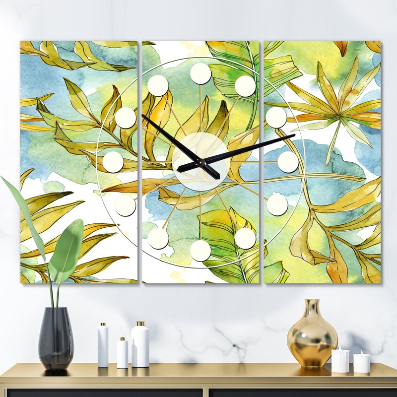 Retro Tropical Foliage  - Oversized Mid-Century wall clock - 3 Panels