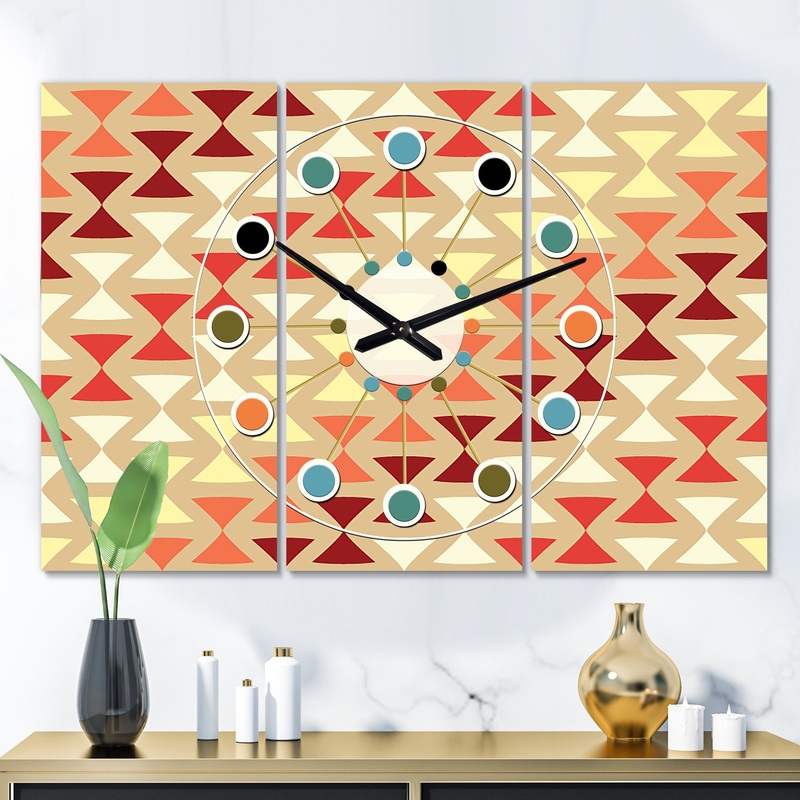 Triangular Retro Design IX - Oversized Mid-Century wall clock - 3 Panels