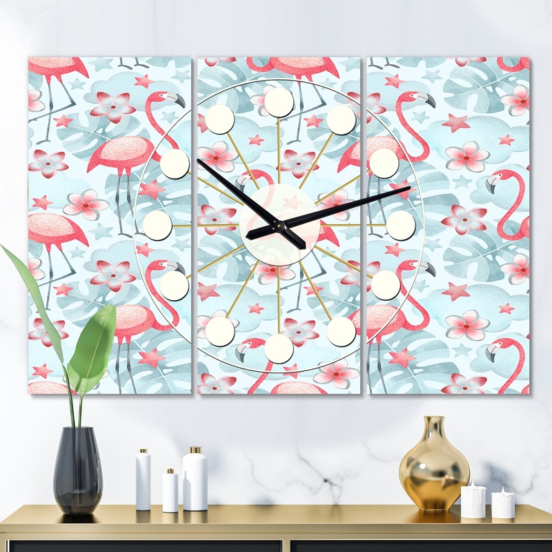 Tropical Botanicals, Flowers and Flamingo III - Oversized Mid-Century wall clock - 3 Panels
