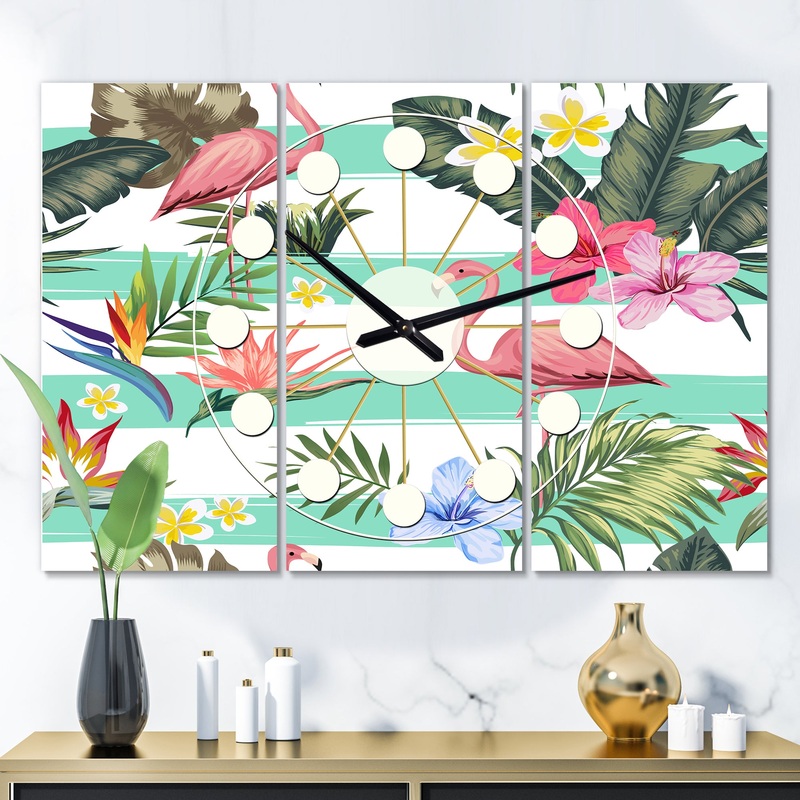 Tropical Botanicals, Flowers and Flamingo - Oversized Mid-Century wall clock - 3 Panels