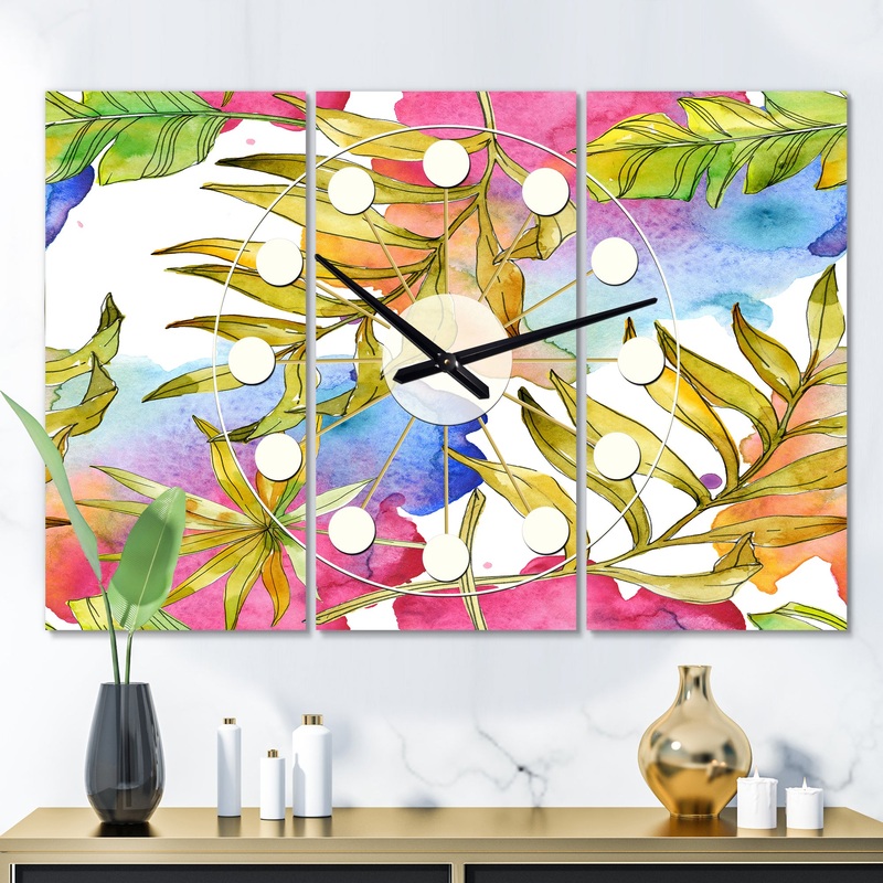 Tropical Foliage IV - Oversized Mid-Century wall clock - 3 Panels