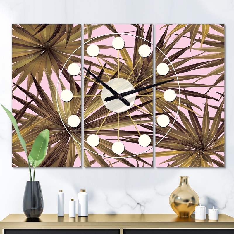 Tropical Leaves On Pink - Oversized Mid-Century wall clock - 3 Panels