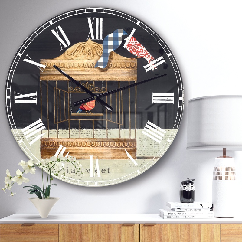 Tweet Gold Birdcage Collage - Traditional Large Wall CLock