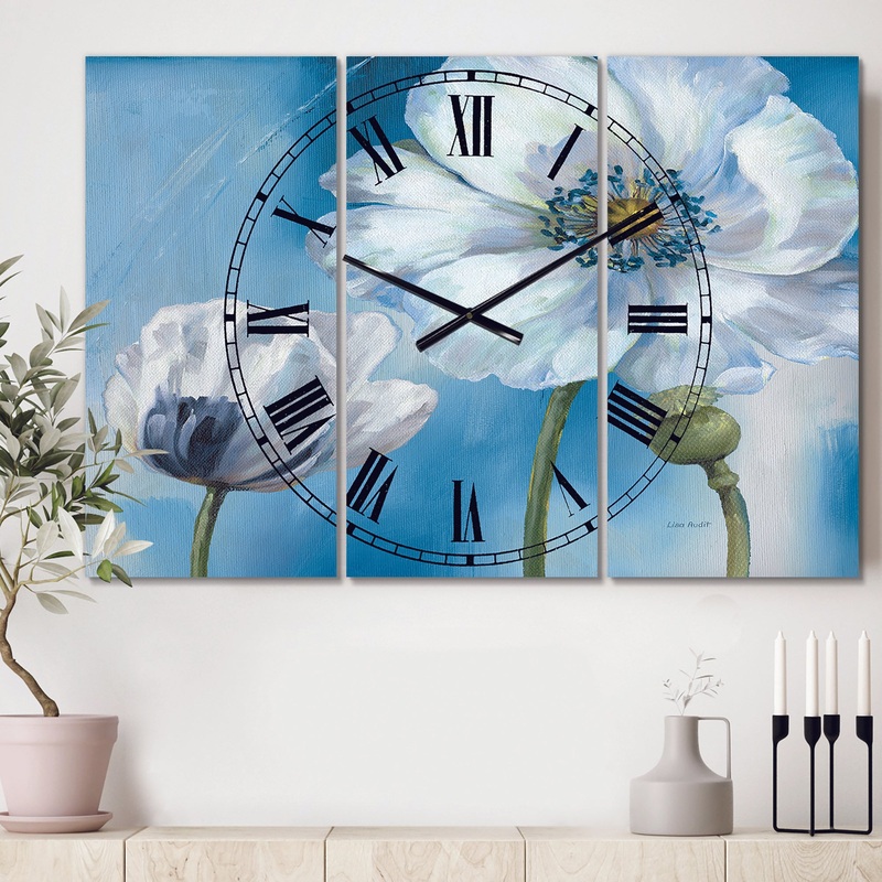 White Flower on Blue I - Cottage 3 Panels Large Wall CLock