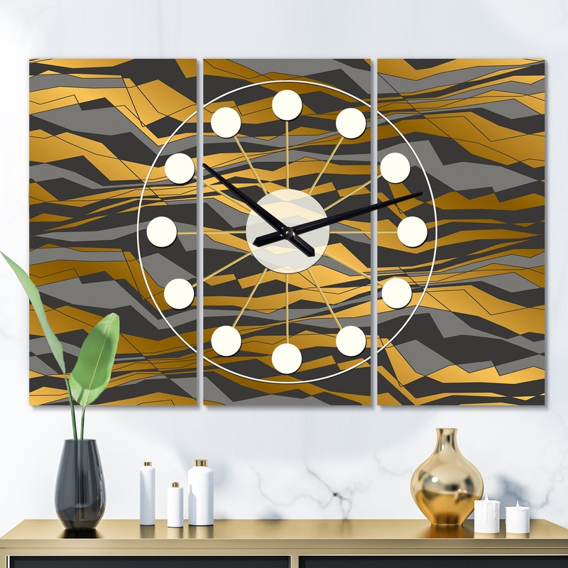 Angled lines and waves pattern - Oversized Mid-Century wall clock - 3 Panels