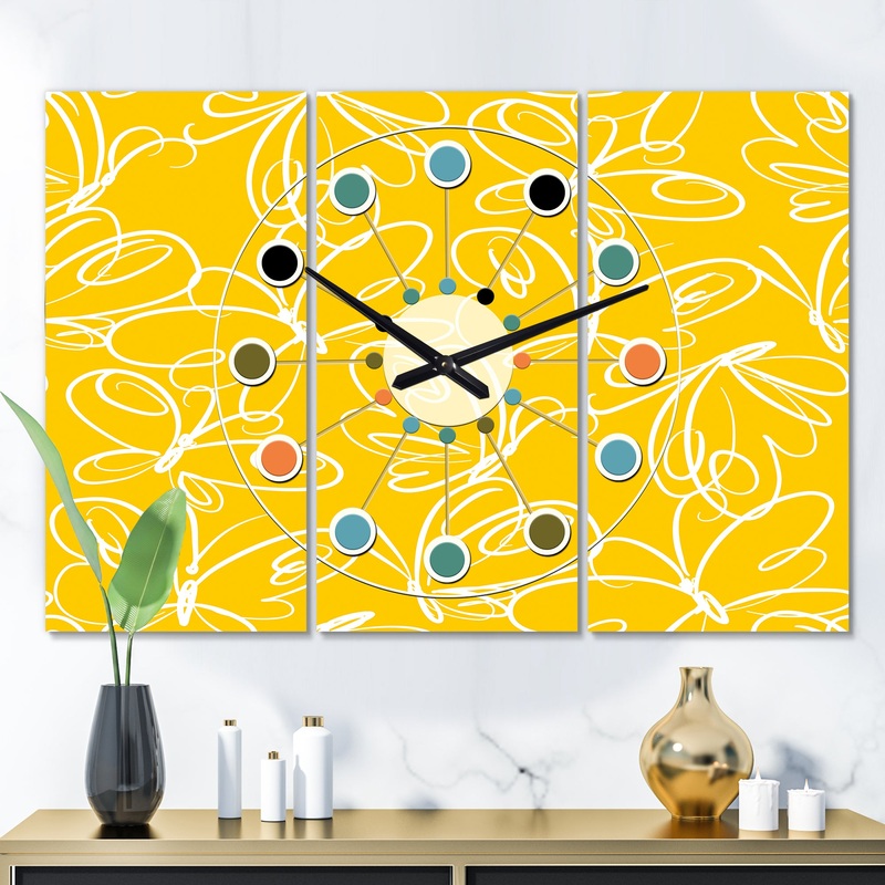 Butterflies hand drawn color pattern - Oversized Mid-Century wall clock - 3 Panels