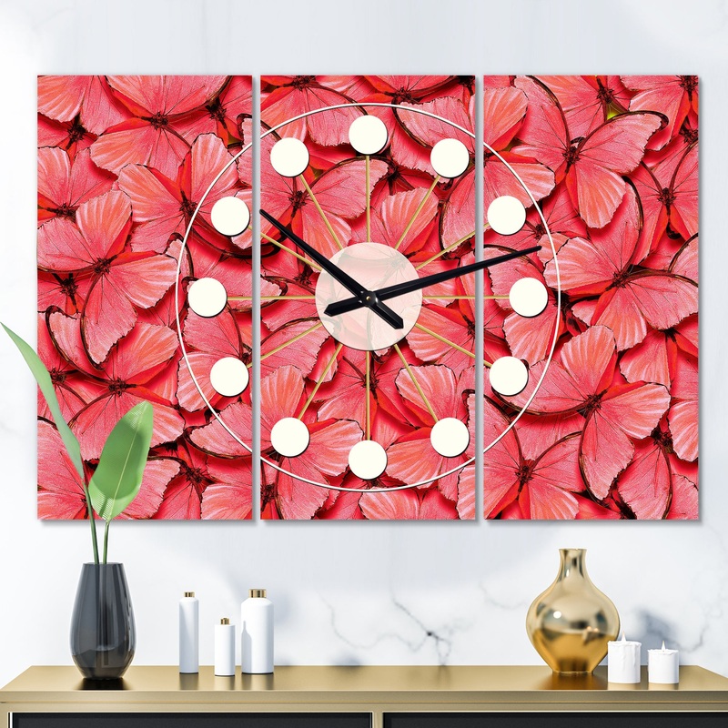 Coral Pink Butterflies - Oversized Mid-Century wall clock - 3 Panels
