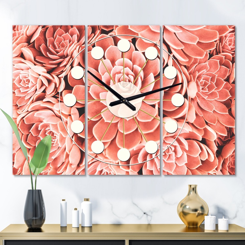 Coral Toned Succulent - Oversized Mid-Century wall clock - 3 Panels