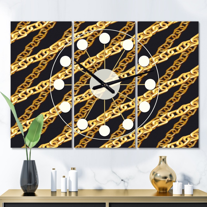 Golden ZigZag Chain - Oversized Mid-Century wall clock - 3 Panels