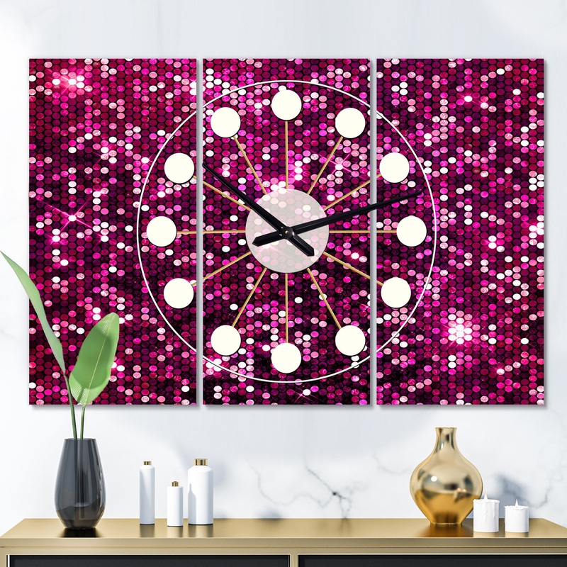 Pink Sparkle Glitter  - Oversized Mid-Century wall clock - 3 Panels