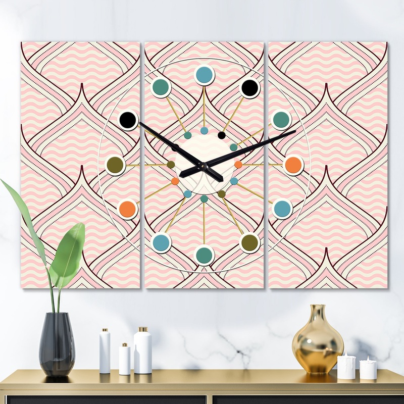 Retro Ornament With Decorative Elements - Oversized Mid-Century wall clock - 3 Panels