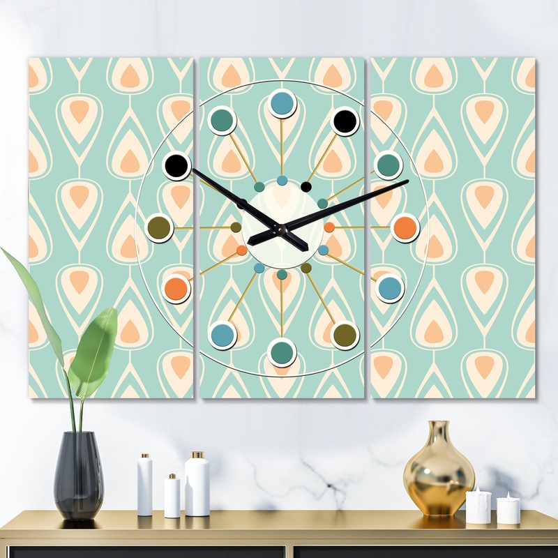 Retro Ornamental Design VIII - Oversized Mid-Century wall clock - 3 Panels