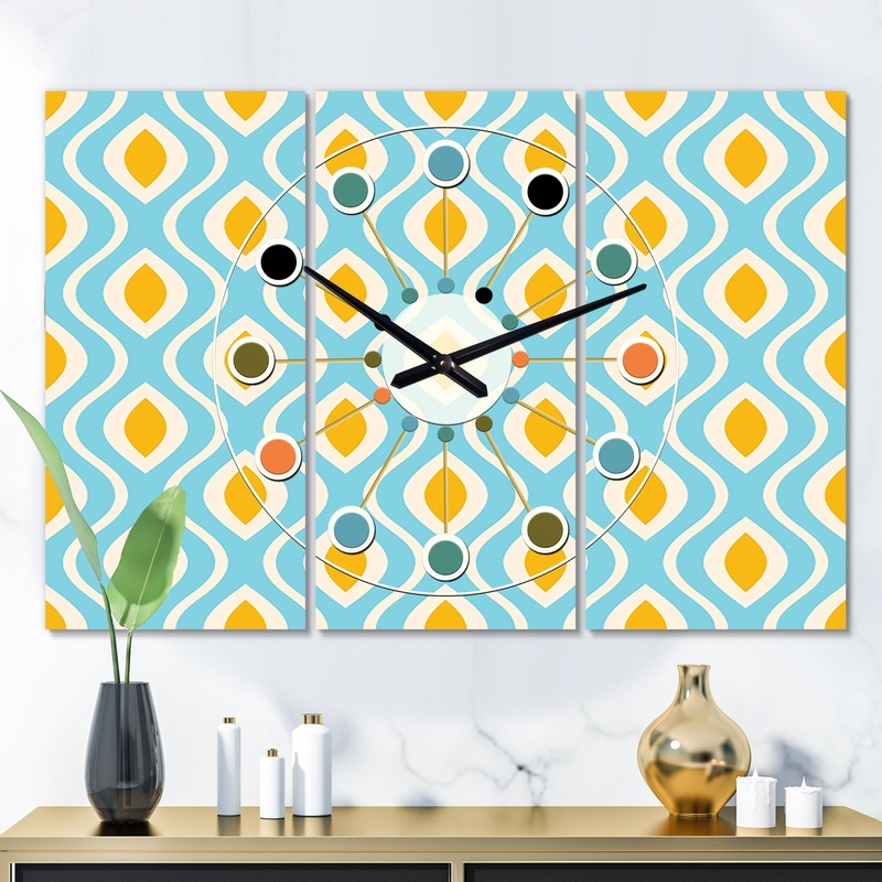 Retro Pattern Abstract Design I - Oversized Mid-Century wall clock - 3 Panels