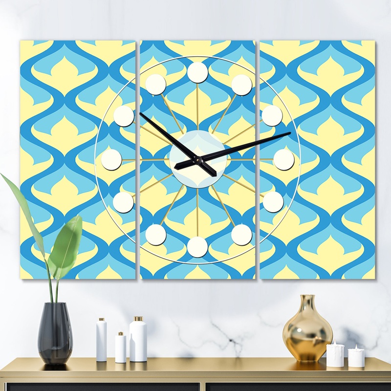 Retro Pattern Abstract Design IX - Oversized Mid-Century wall clock - 3 Panels