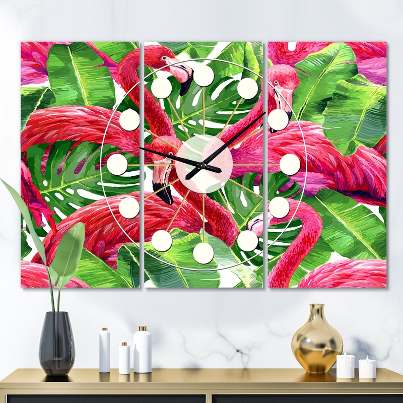 Retro Tropical Pink Flamingo - Oversized Mid-Century wall clock - 3 Panels