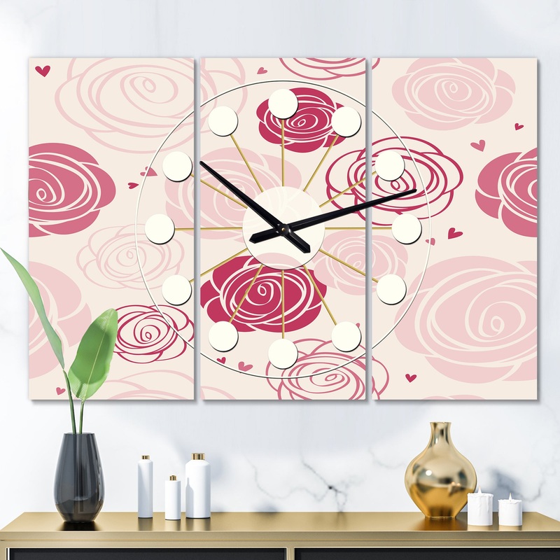 roses pattern - Oversized Mid-Century wall clock - 3 Panels